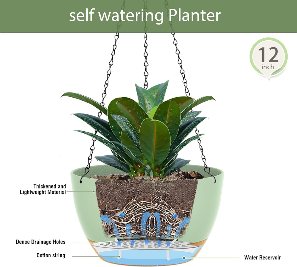 12 Inch Hanging Baskets 2 PC with Chains, Self-Watering Hanging Planters for Indoor Outdoor Plants