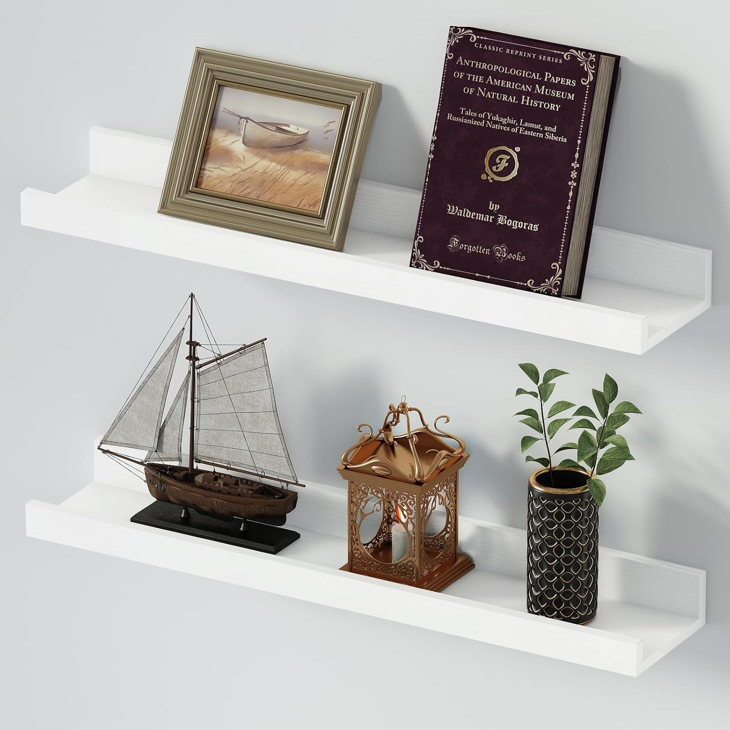SAUMONIERES Picture Ledge Shelf Floating Book Shelves Set of 2 Wall Mounted Solid Wood for Bedroom