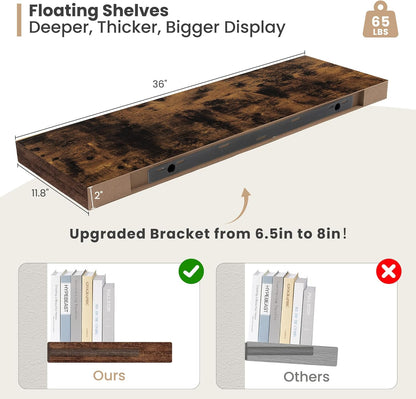 Heimlove 12" Deep Floating Shelves, 36 x 12 Inch Wall Mounted Long Floating Shelf with Invisible