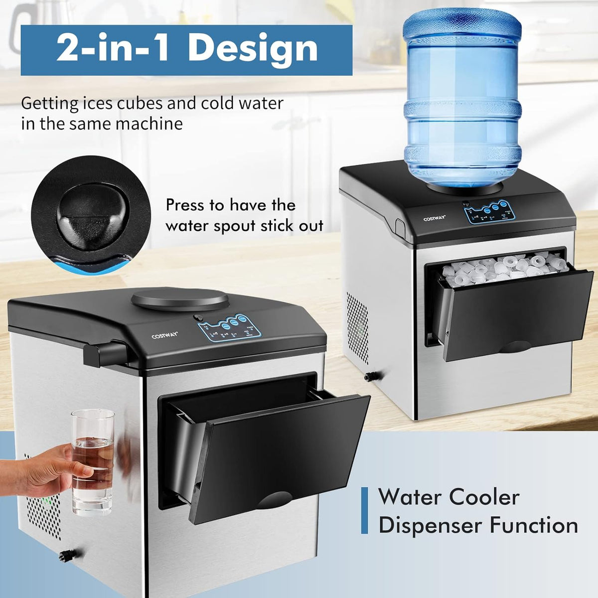 COSTWAY 2 in 1 Countertop Ice Maker Built-in Water Dispenser, 48LBS per Day, S/M/L Size Ice Cube