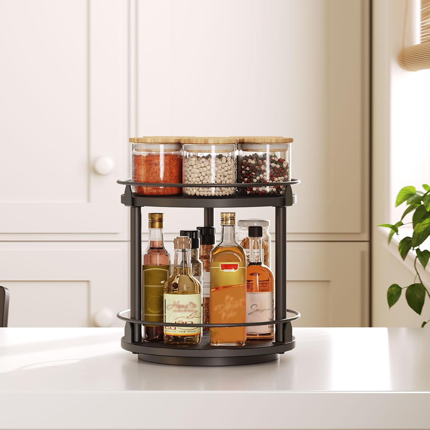 Lazy Susan Organizer, Rotating Spice Rack, 2 Tier Spice Turntable Organizer, Industrial Turntable