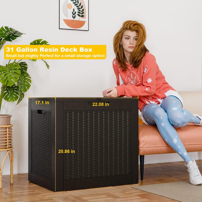 30 Gallon Wicker Pattern Resin Deck Box, Lockable Patio Outdoor Storage Box for Furniture, Garden