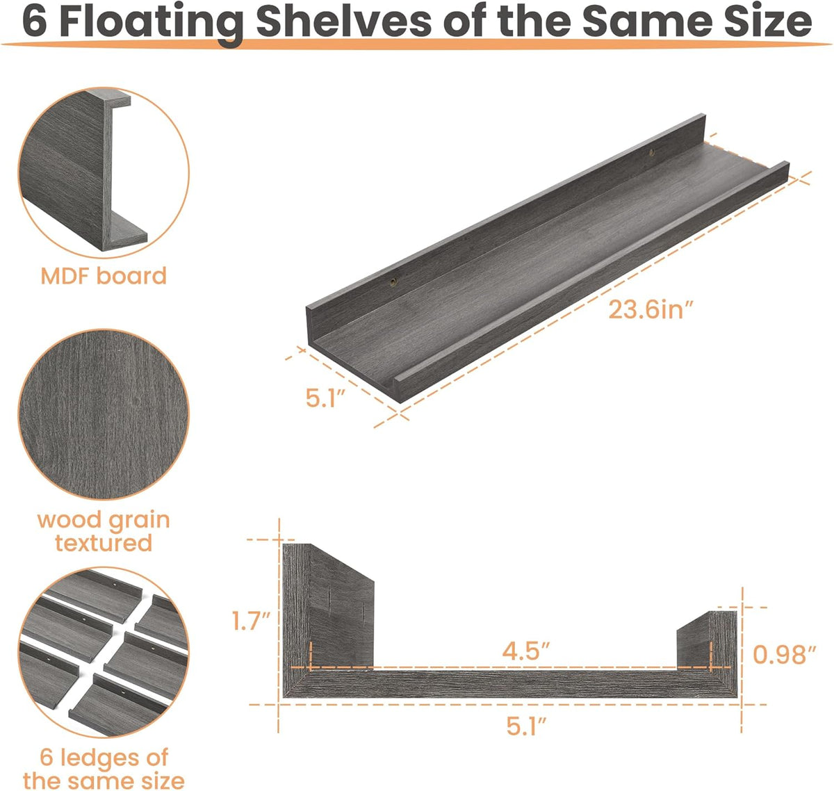 upsimples Floating Shelves for Wall, Wood Mounted Shelf Decor Storage Set of 6, for Bedroom, Living