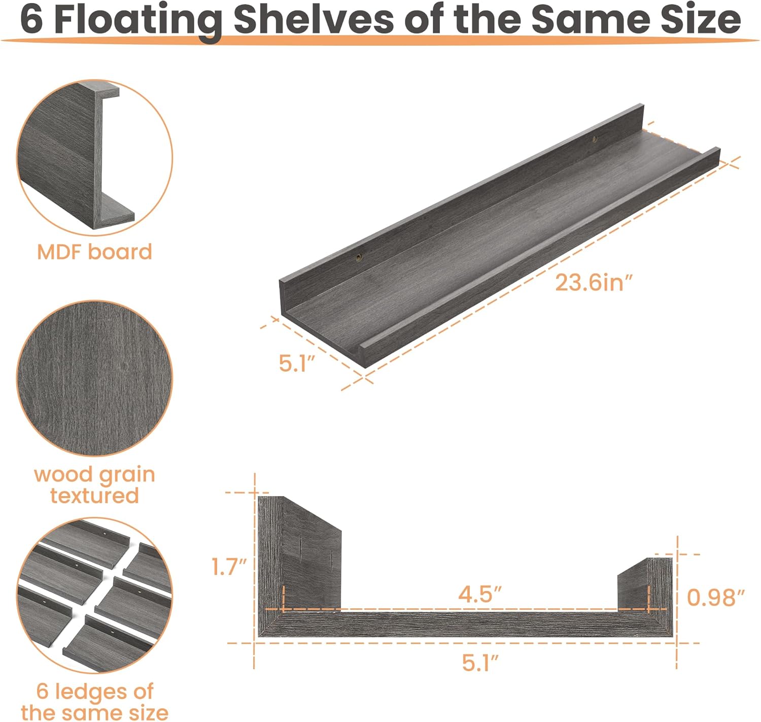 upsimples Floating Shelves for Wall, Wood Mounted Shelf Decor Storage Set of 6, for Bedroom, Living