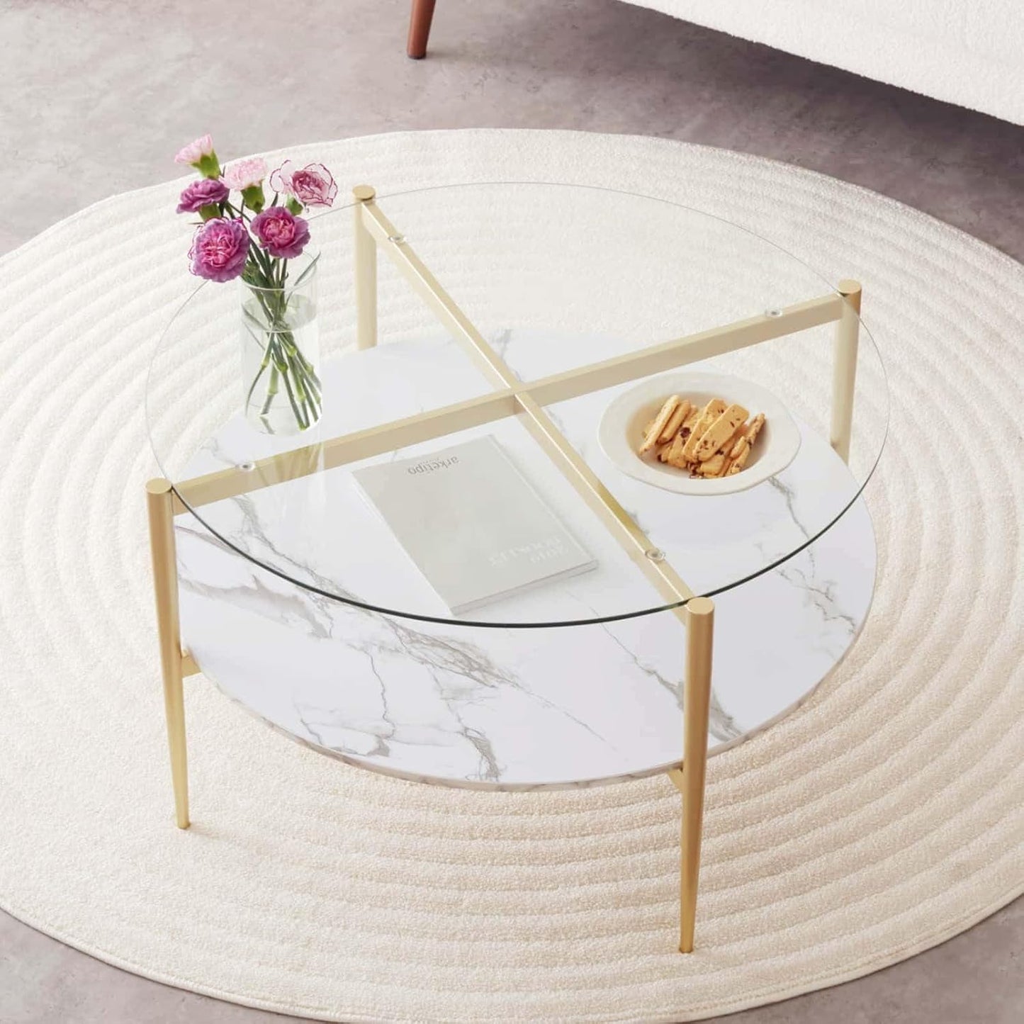 Round Coffee Table for Living Room, Mid-Century Modern Design, D30 x H17, 2-Tier Structure, Clear