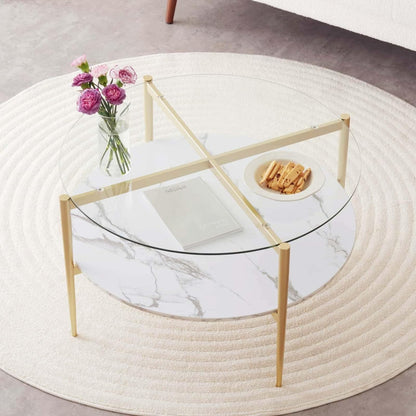 Round Coffee Table for Living Room, Mid-Century Modern Design, D30 x H17, 2-Tier Structure, Clear
