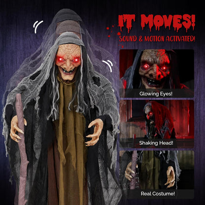 AW Animated Halloween Decorations,Scary Witch with Crutch,5.3FT Life Size Standing