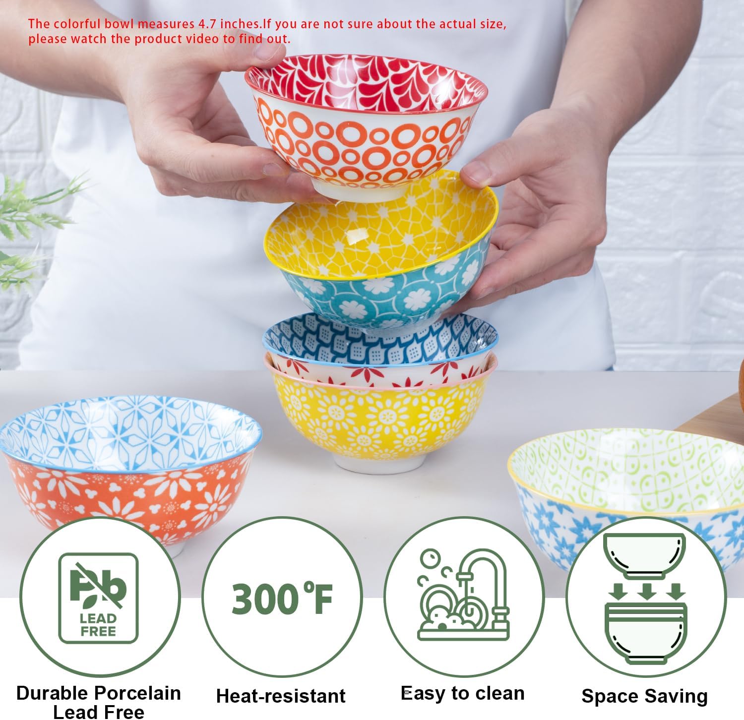 Colorful Ceramic Bowls 10oz, 4.7in small cereal bowl Set of 6 for ice cream, Dessert, Porcelain