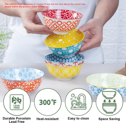 Colorful Ceramic Bowls 10oz, 4.7in small cereal bowl Set of 6 for ice cream, Dessert, Porcelain