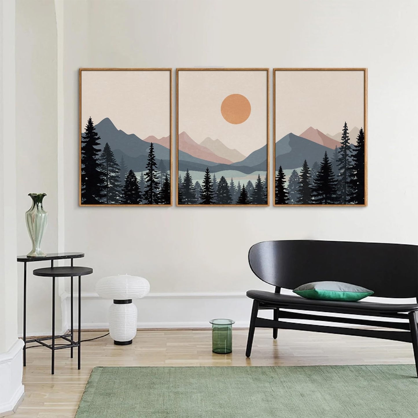 Tinonedraw Boho Mountain Framed Canvas Wall Art Set of 3, Watercolor Nature Landscape Art Prints