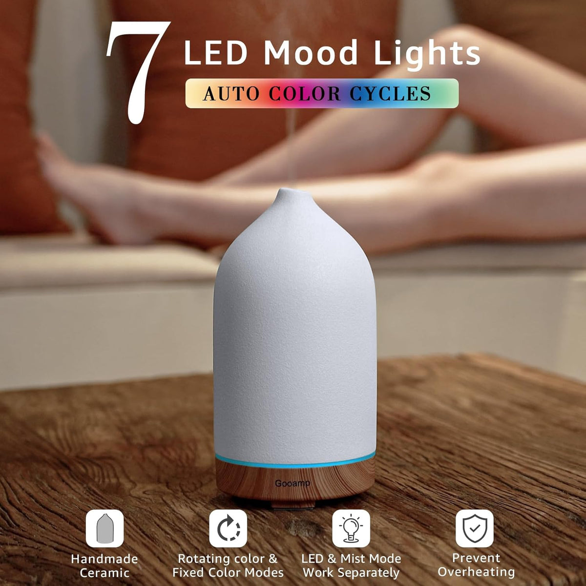 200ML Ceramic Essential Oil Diffuser - Ultrasonic Aromatherapy & Humidifier with 7-Color LED
