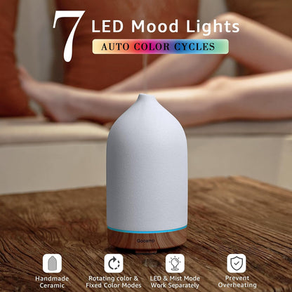 200ML Ceramic Essential Oil Diffuser - Ultrasonic Aromatherapy & Humidifier with 7-Color LED