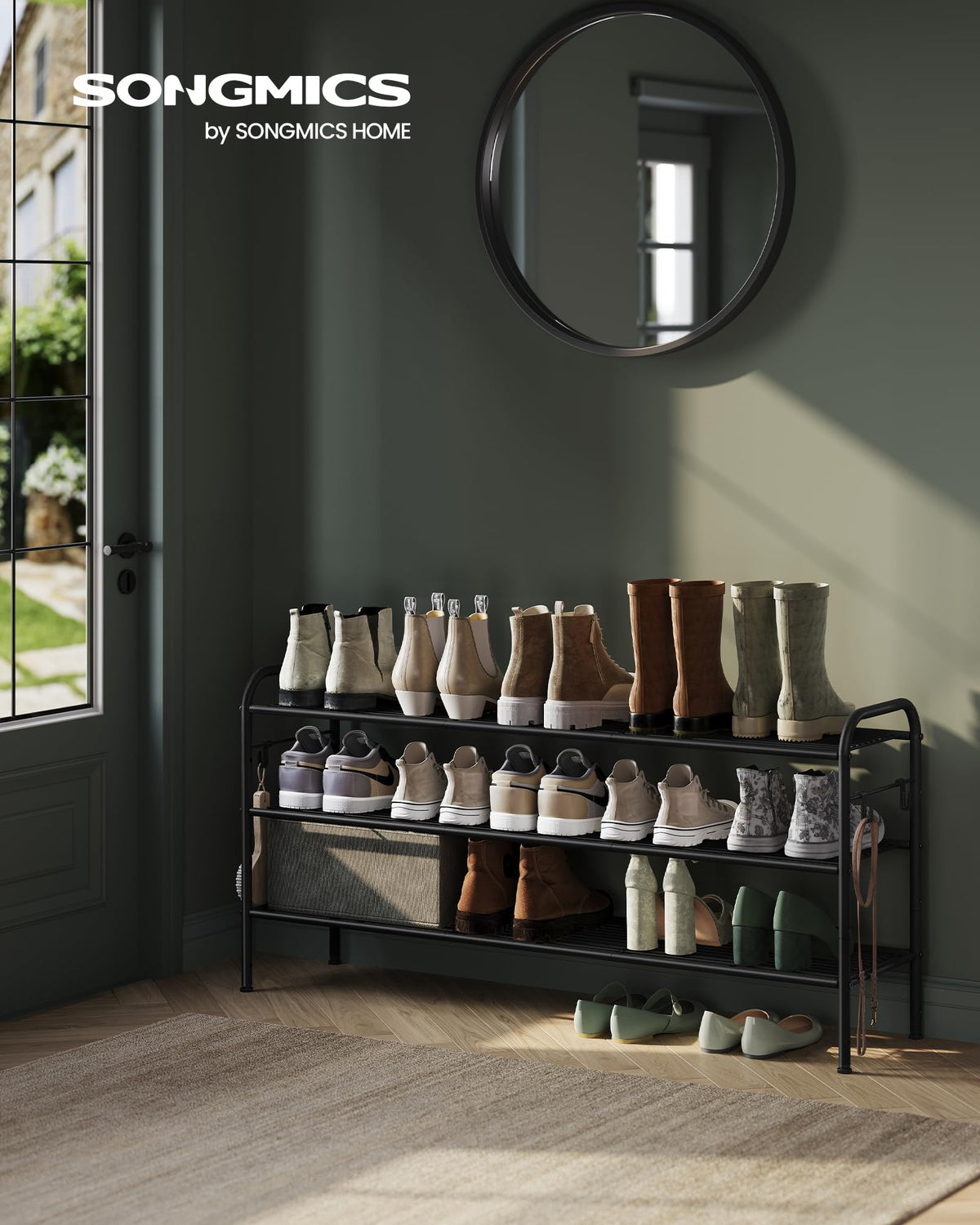 SONGMICS Shoe Rack, 3-Tier Shoe Organizer, Metal Shoe Shelf Storage with 4 Side Hooks, Holds 24