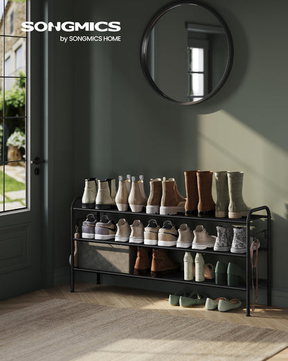 SONGMICS Shoe Rack, 3-Tier Shoe Organizer, Metal Shoe Shelf Storage with 4 Side Hooks, Holds 24