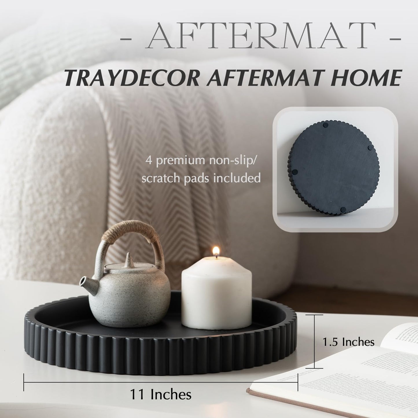 Decorative Tray for Coffee Table, Living Room, Side Table, 11" Black Round Concrete Home Decor