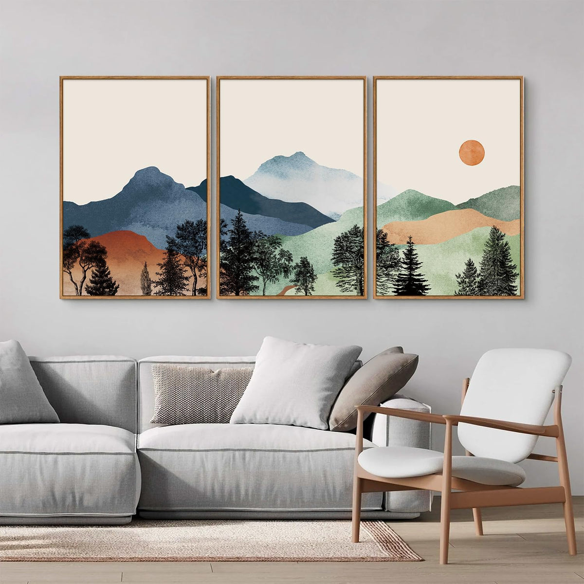 SIGNINART Boho Mountain Framed Canvas Wall Art Set of 3, Watercolor Nature Landscape Set Art