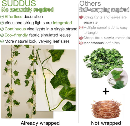 suddus Vine with Fairy Lights Battery Operated, 13.1ft 40 LED Ivy String Light with Remote, Leaf