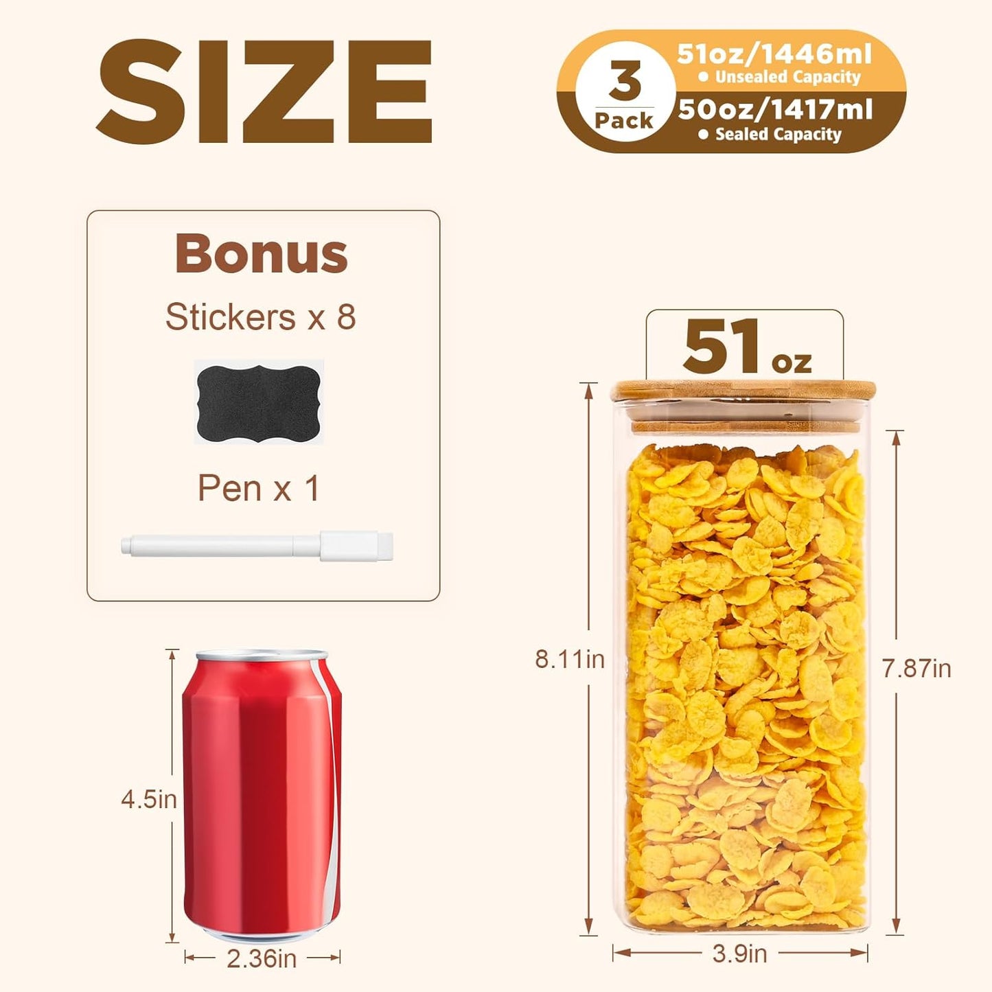 Glass Food Storage Jars Square 51oz, 3 Pack Glass Jars With Bamboo Lids, Kitchen Storage Containers