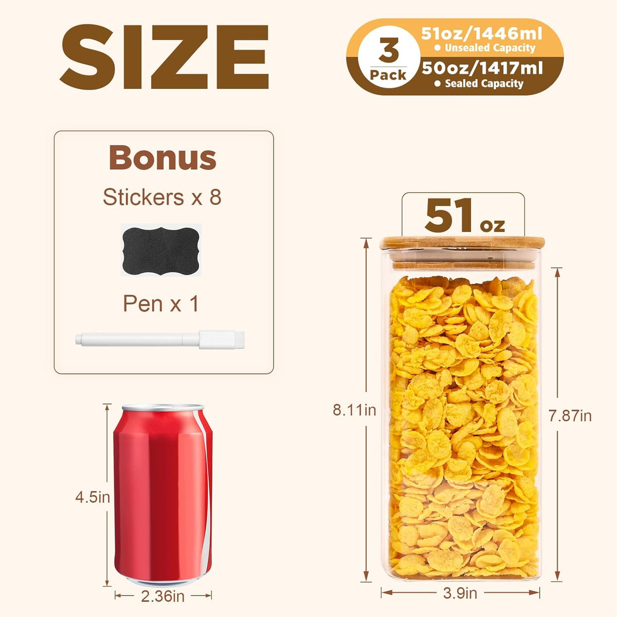 Glass Food Storage Jars Square 51oz, 3 Pack Glass Jars With Bamboo Lids, Kitchen Storage Containers