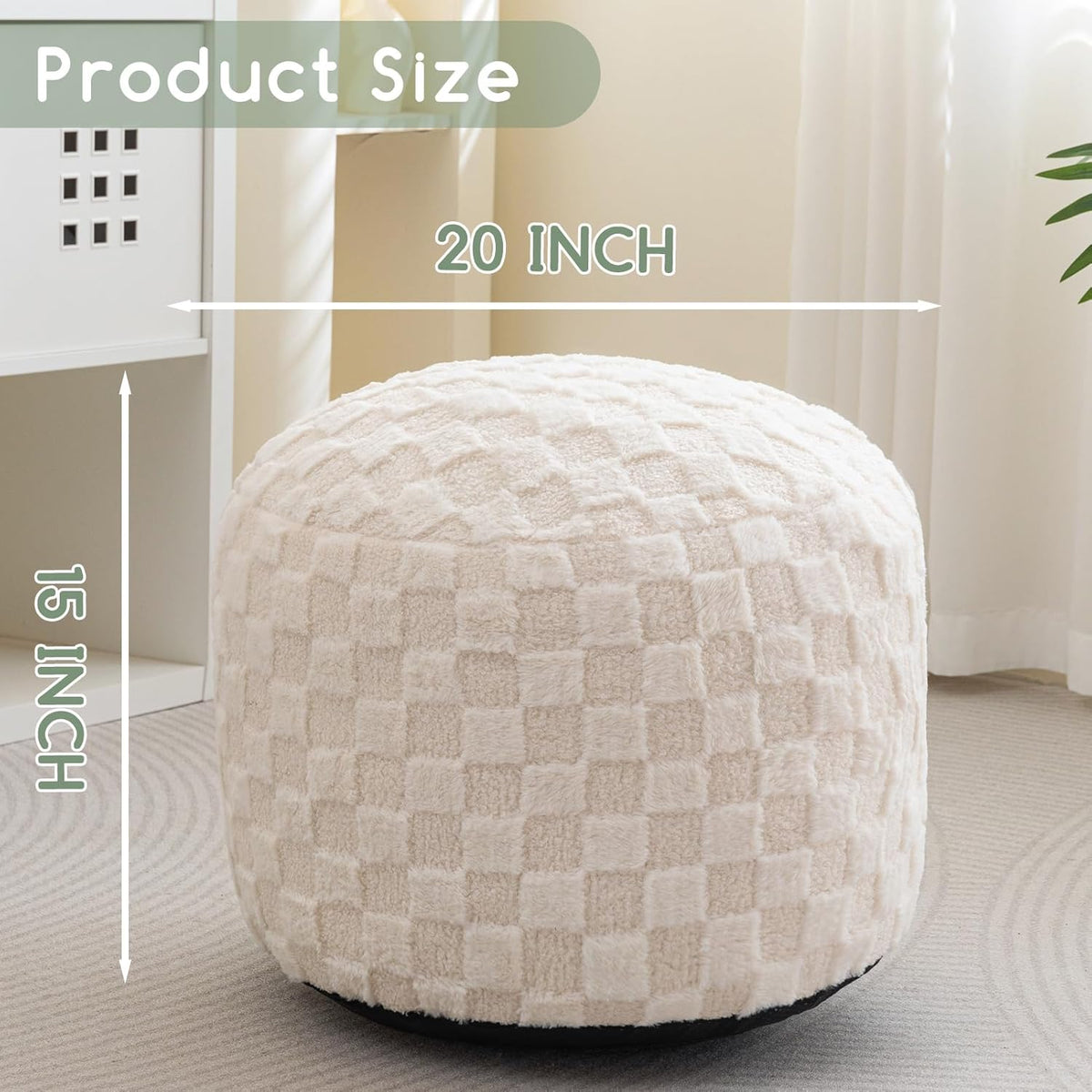 HIGOGOGO Round Stuffed Pouf Ottoman, Plaid Poufs with Foam Chunk Filling, Fluffy and Furry Pouf
