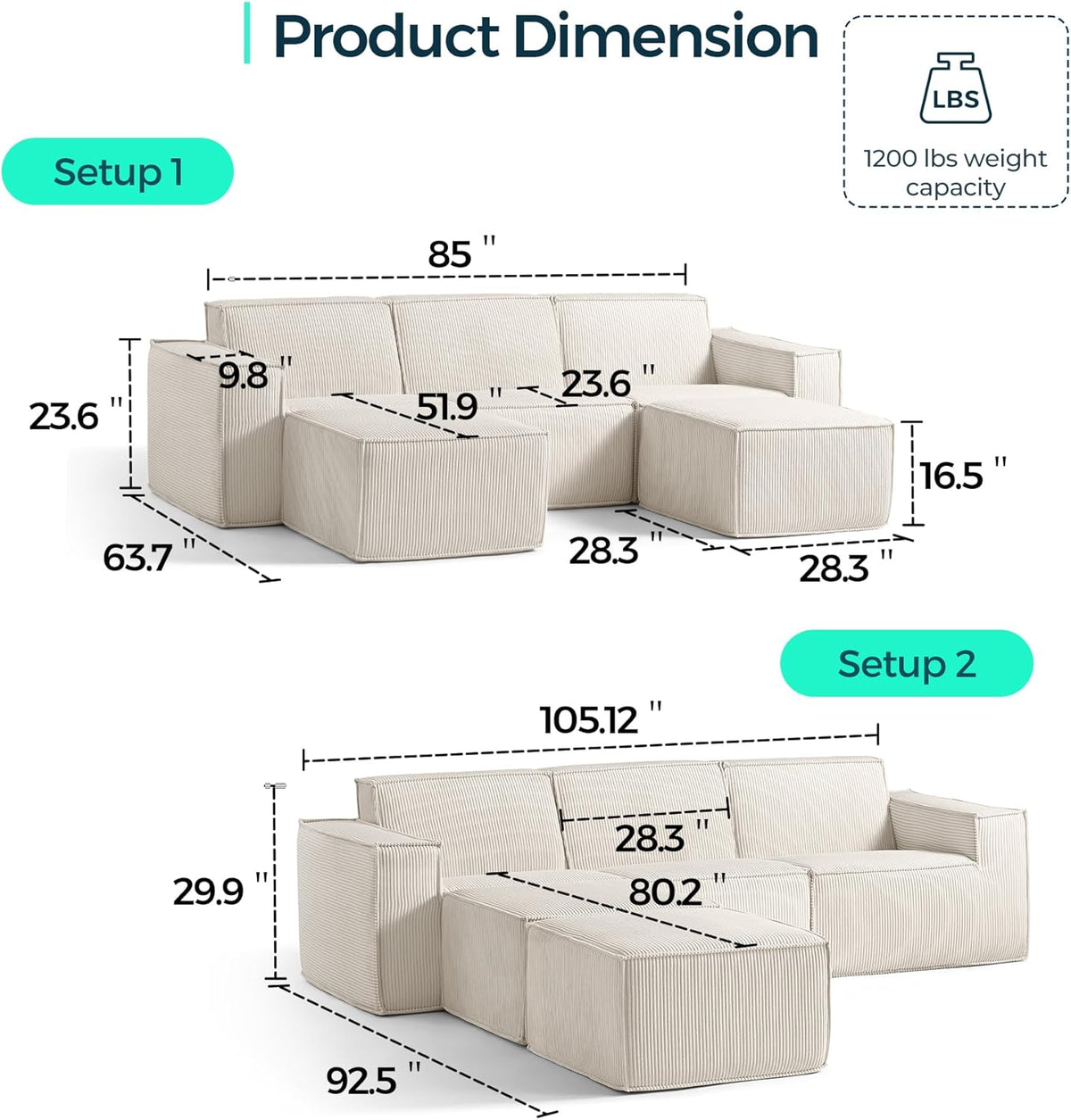 LINSY HOME Oversized Modular Sectional Sofa, 105" Cloud Couch L Shaped 3-Seat Sofa with 2 Movable