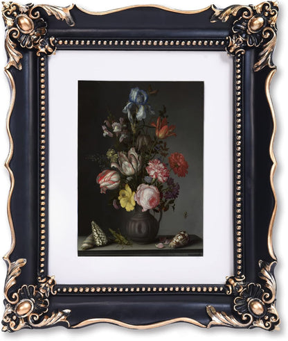8x10 Vintage Picture Frame with Embossed Flower Design, Black Ornate Frame for 8x10 or 5x7 Pictures