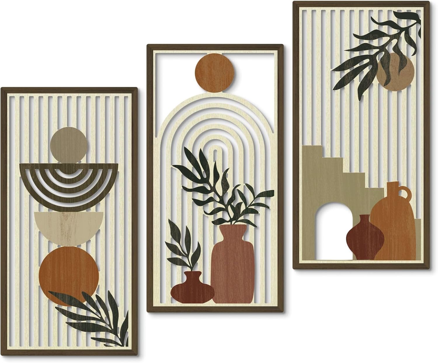 Putuo Decor Boho Wall Art Set of 3, Abstract Geometric Wooden Wall Decor, Mid-Century Modern