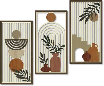 Putuo Decor Boho Wall Art Set of 3, Abstract Geometric Wooden Wall Decor, Mid-Century Modern