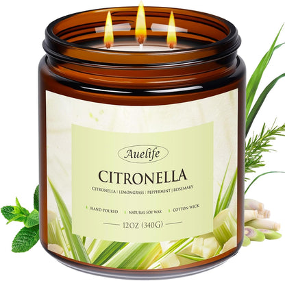 Auelife Citronella Candles Outdoor, 12oz Large 3-Wick Candle for Outside Patio Camping & Garden