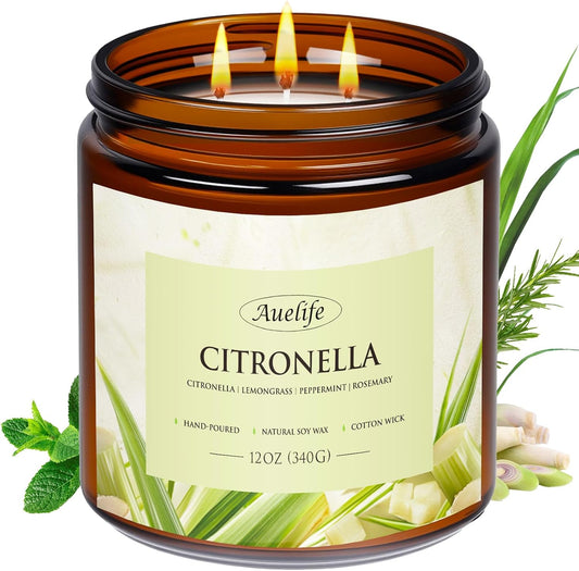Auelife Citronella Candles Outdoor, 12oz Large 3-Wick Candle for Outside Patio Camping & Garden