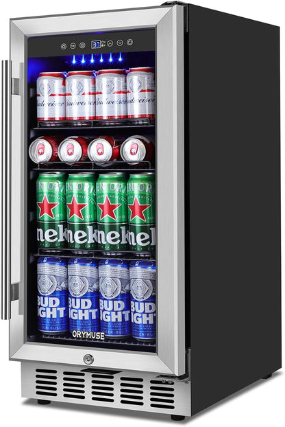 15 Inch Beverage Refrigerator, 130 Can Capacity Under Counter Fridge with Lock & Glass Door, Quiet