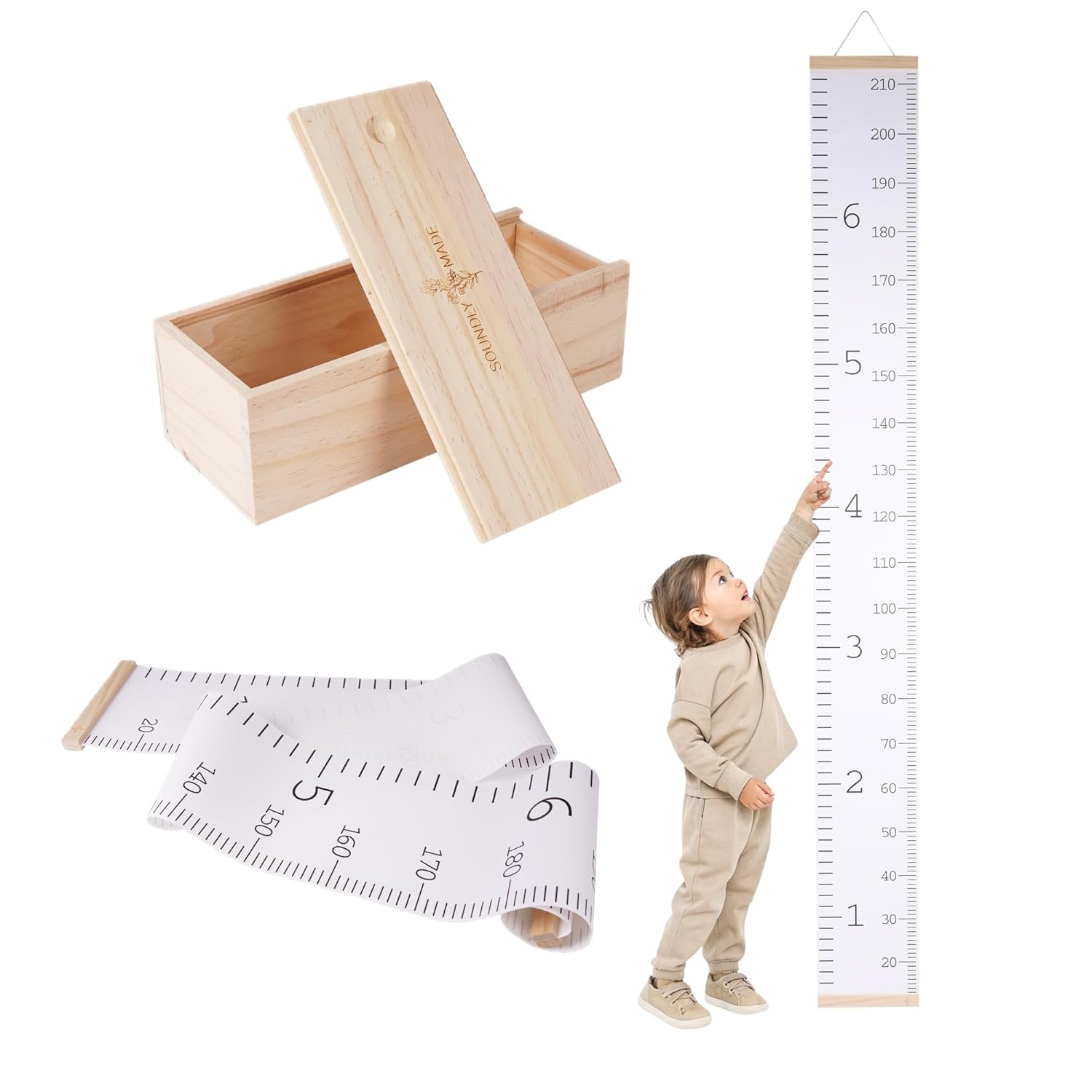 Growth Chart for Wall | Kids Height Chart Canvas Ruler with Wooden Storage Box | Waterproof
