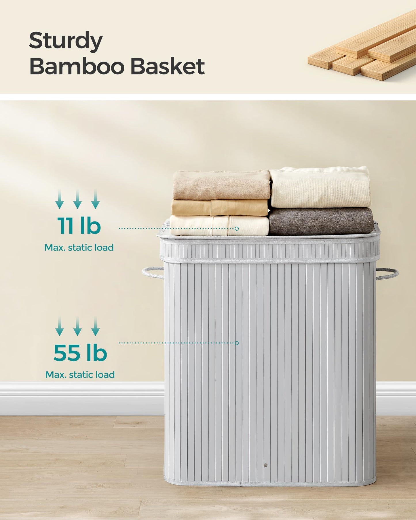 SONGMICS Laundry Hamper with Lid, Bamboo Laundry Basket, Removable Machine Washable Laundry Basket