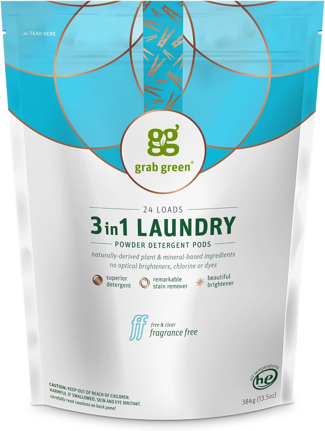 Grab Green 3-in-1 Laundry Detergent Pods, 24 Count, Fragrance Free, Plant and Mineral Based