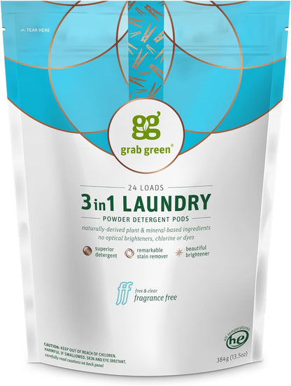 Grab Green 3-in-1 Laundry Detergent Pods, 24 Count, Fragrance Free, Plant and Mineral Based
