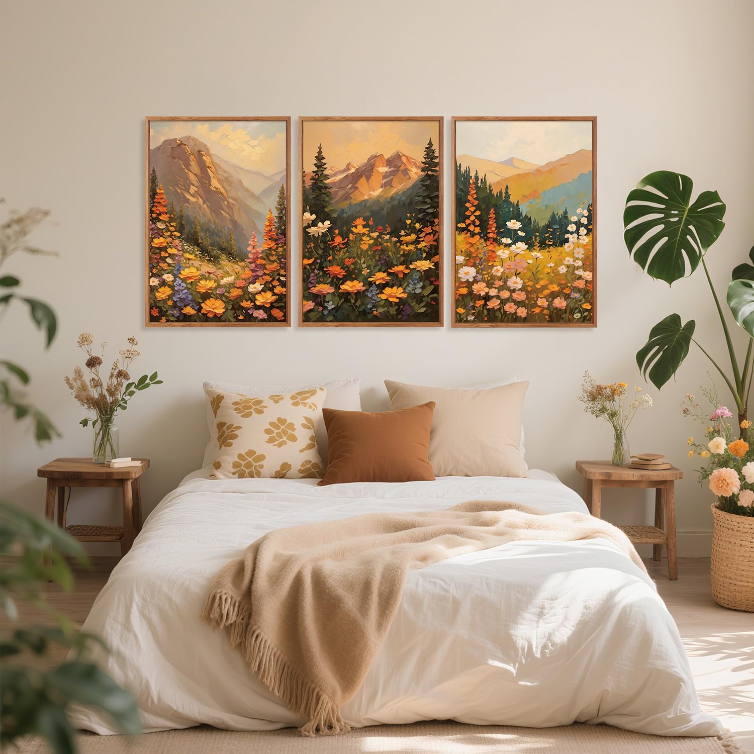 Aurlan Boho Mountain Sunset Landscape Framed Wall Art(16"x24"), 3PCS Large Wildflowers Meadow