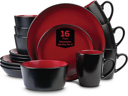 Stone Lain Albie Stoneware 16 Piece Dinnerware Set, Plates and Bowls Sets, Dish Set for 4, Red and