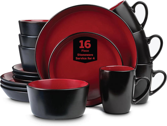 Stone Lain Albie Stoneware 16 Piece Dinnerware Set, Plates and Bowls Sets, Dish Set for 4, Red and