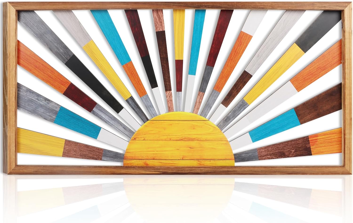 IARTTOP Large Boho Sun Wall Art Framed Wooden Art Wall Decor Rainbow Sun Rising On The Horizon