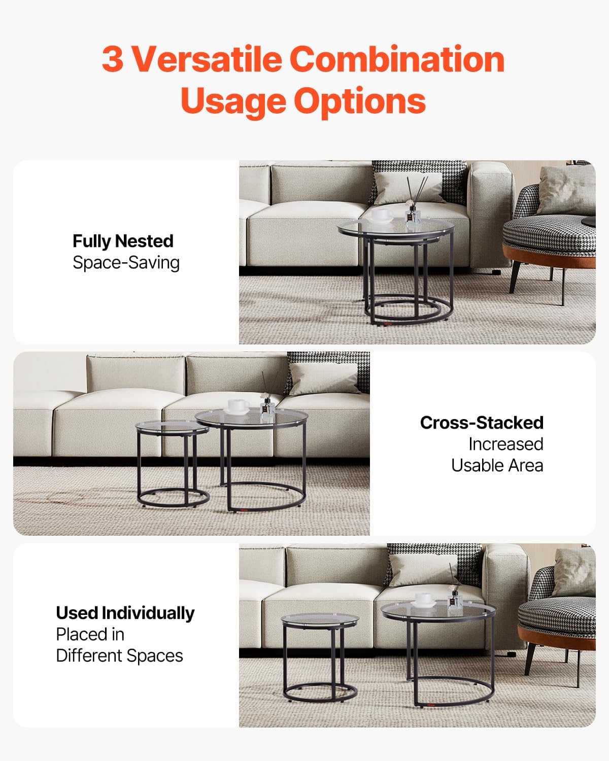 VEVOR Nesting Tables, Glass Coffee Table Set of 2, 23.6 inch Round Coffee Table, Small Coffee