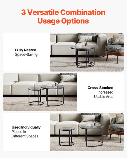 VEVOR Nesting Tables, Glass Coffee Table Set of 2, 23.6 inch Round Coffee Table, Small Coffee