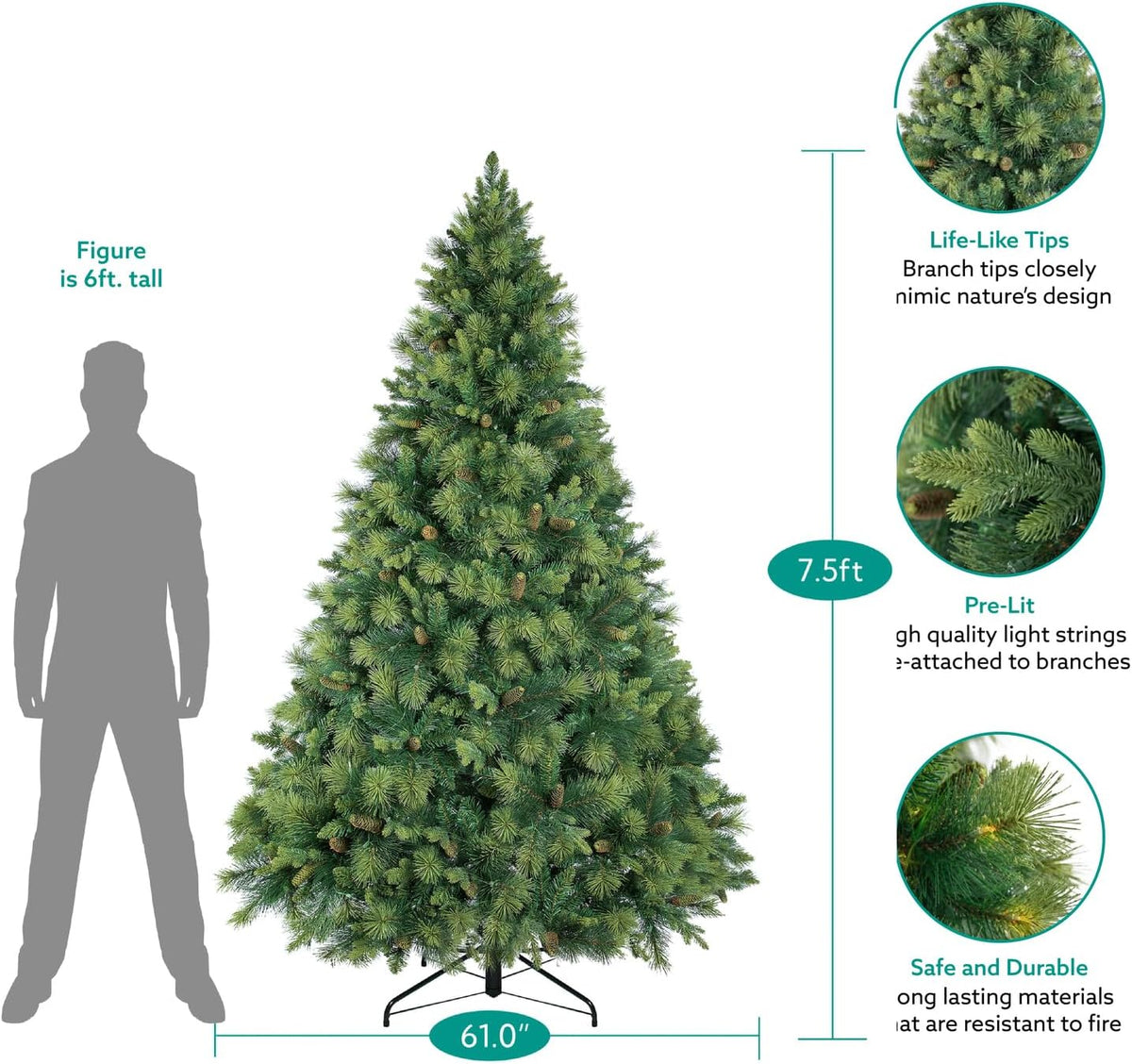 Naomi Home Vail 7.5ft Prelit Artificial Christmas Tree with Pine Cones, Foot Pedal, 1556 Branch