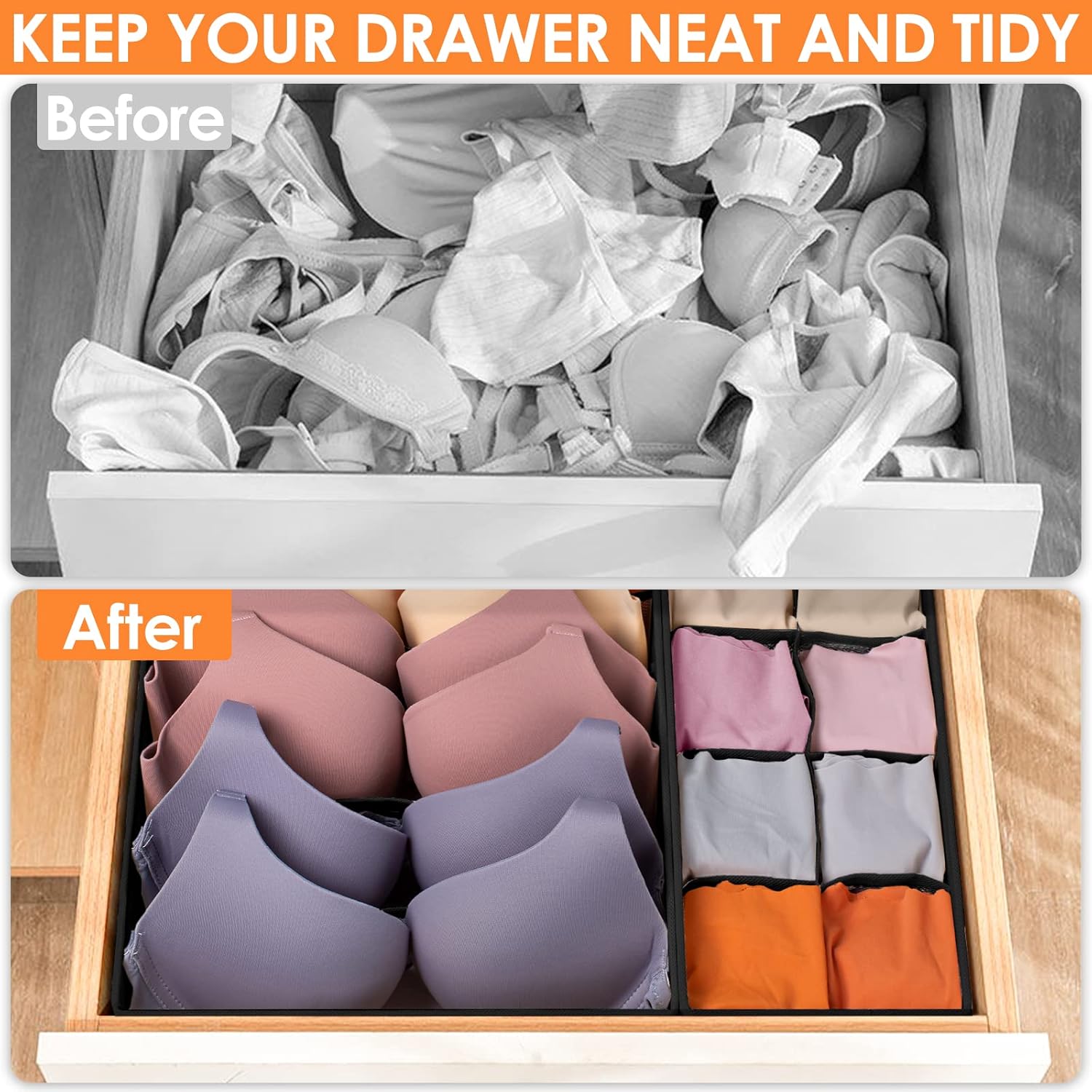 6 Pack Sock Underwear Drawer Organizer Dividers, 58 Cell Foldable Fabric Dresser Closet Organizers