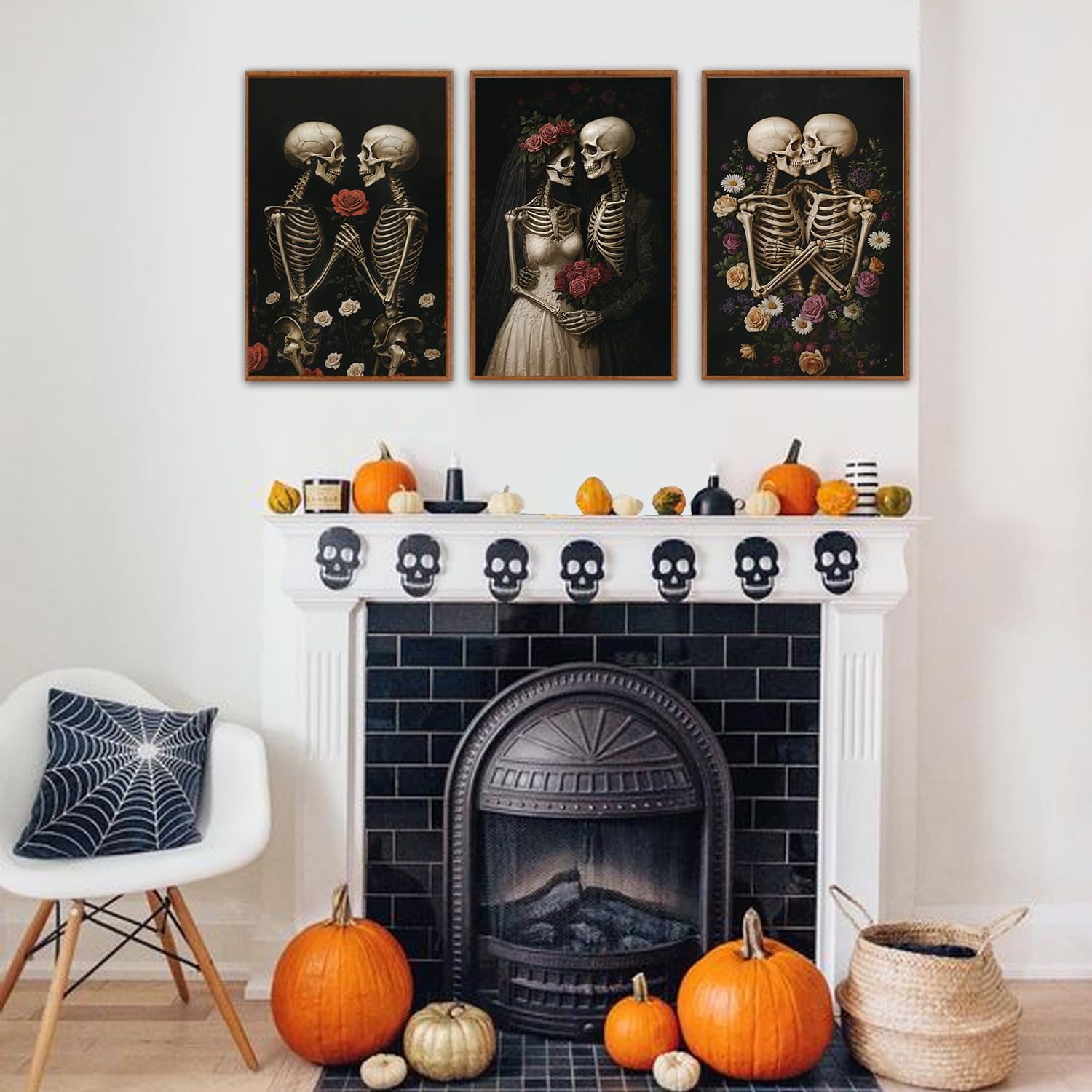 HLNIUC Halloween Rose Wedding Framed Wall Art,Vintage Skeleton Rose Canvas Prints,Abstract Romantic