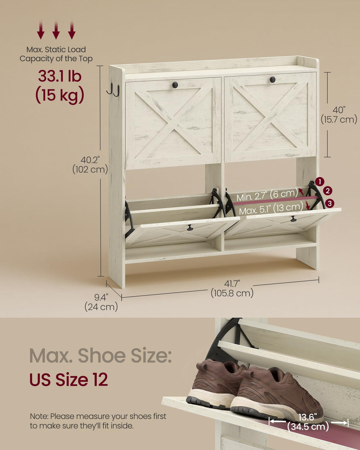 VASAGLE Shoe Storage Cabinet Organizer with 4 Flip Drawers, Freestanding Narrow Shoe Rack Cabinet