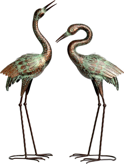 Shorayn Garden Crane Statues, Blue Heron Sculptures for Outdoor, Cranes Decor Metal Bird, Patina