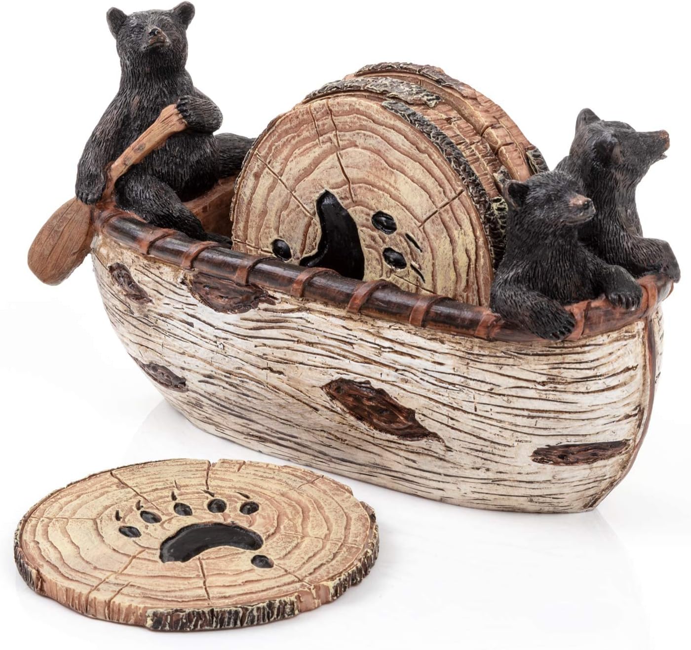 Bear Coasters Set of 6 Full Size Rustic Coasters in Handmade Canoe with Adorable Black Bear