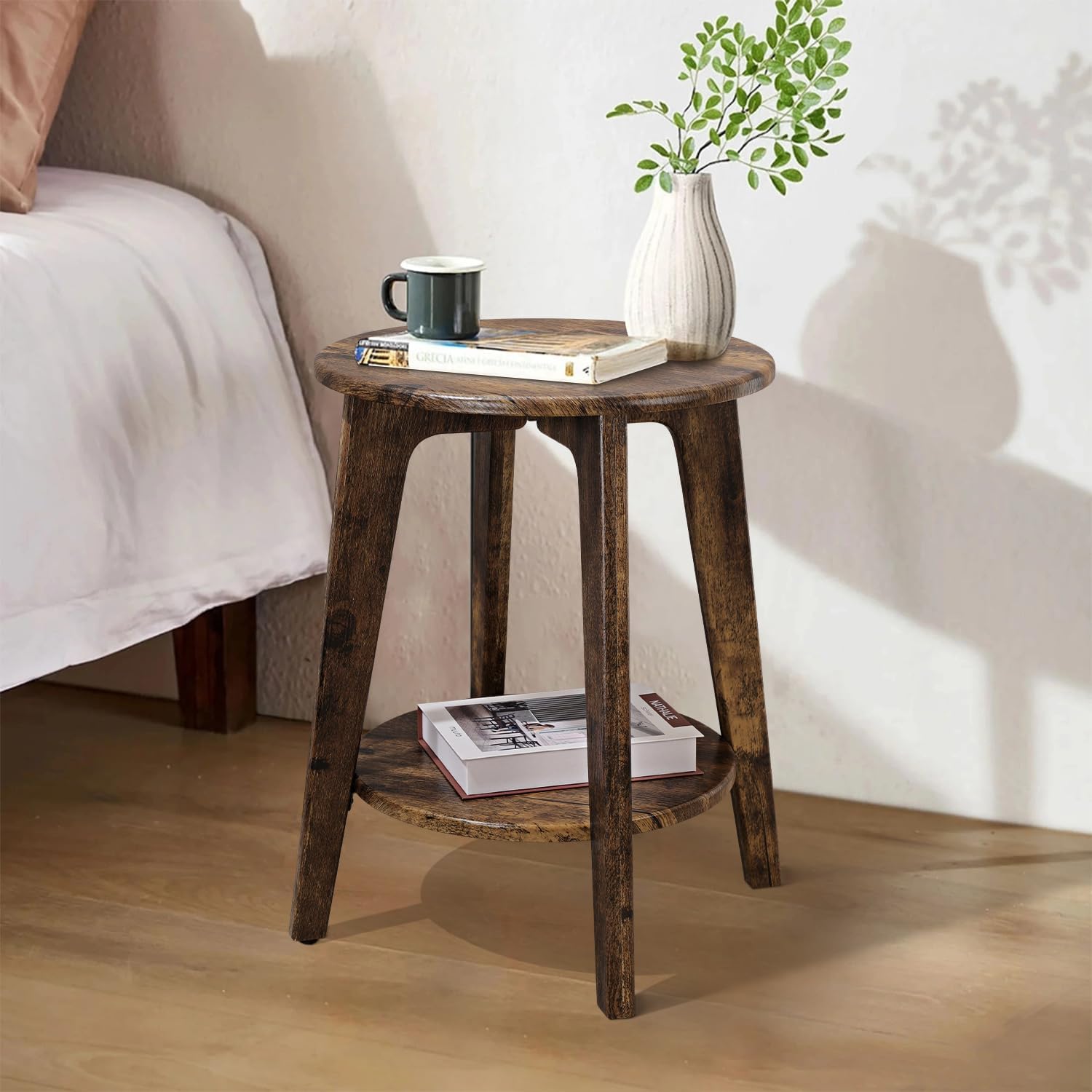 Small Round Side Table Wooden End Table with Lower Shelf Modern Nightstand Bedside Table for Small