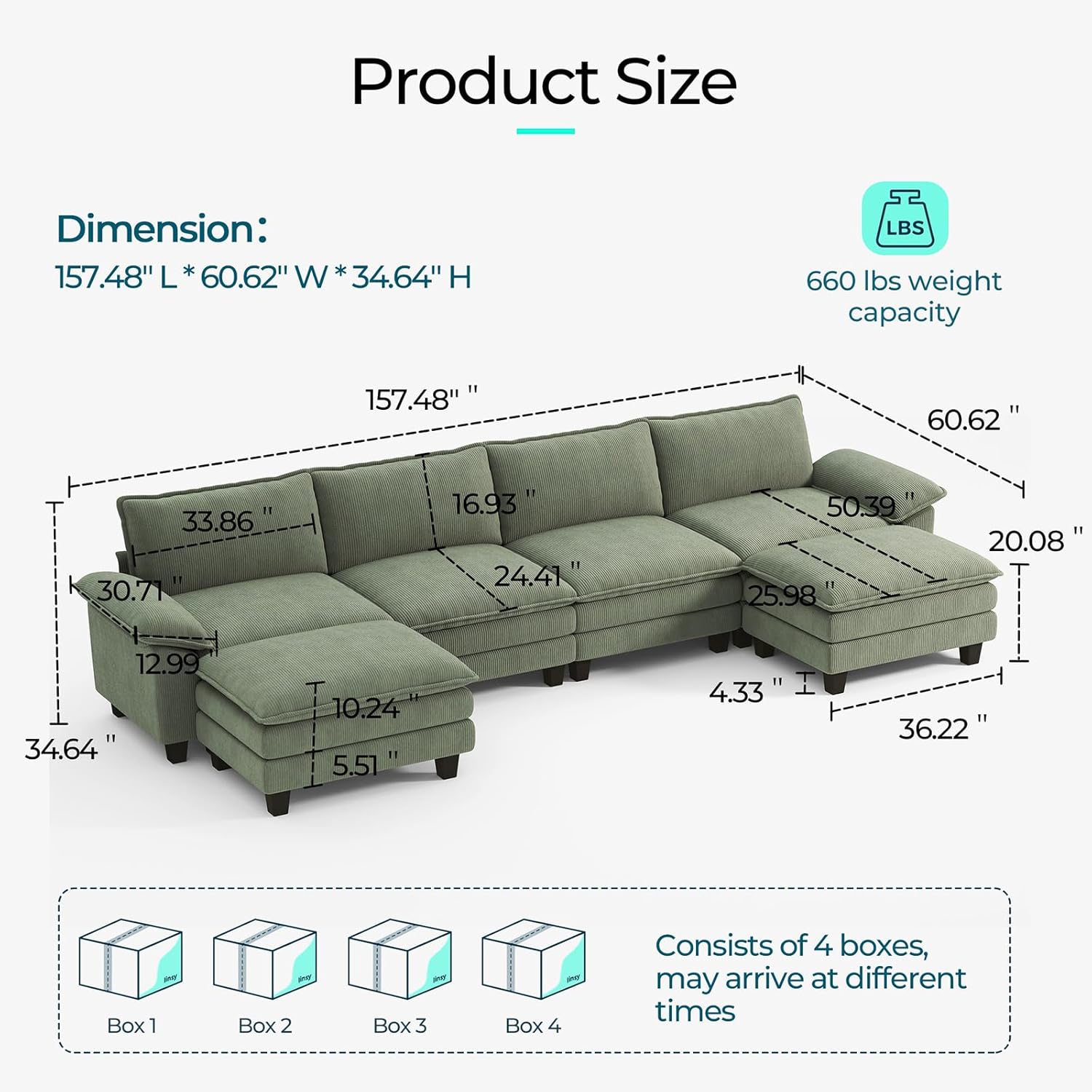 LINSY HOME Modular Sectional Sofa - 157'' Oversized Corduroy Cloud Couch U Shaped Couch with