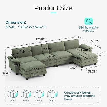 LINSY HOME Modular Sectional Sofa - 157'' Oversized Corduroy Cloud Couch U Shaped Couch with